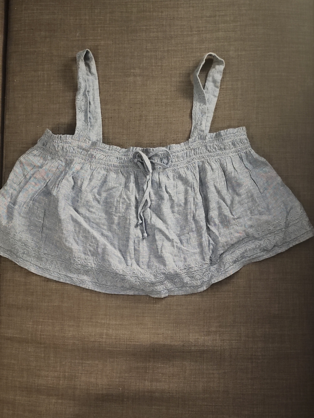 American Eagle Outfitters Pale Blue Cotton-Blend Top with Embroidered Hem